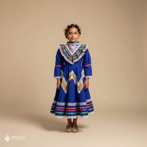 Blue Traditional Jalisco One-Piece Dress for Girls & Teens (Size 8)
