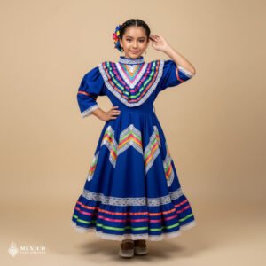 Blue Traditional Jalisco One-Piece Dress for Girls & Teens (Size 8)