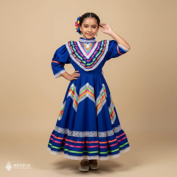 Blue Traditional Jalisco One-Piece Dress for Girls & Teens (Size 8)