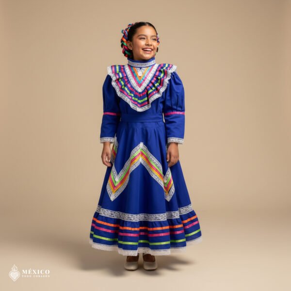 Blue Traditional Jalisco One-Piece Dress for Girls & Teens (Size 8)