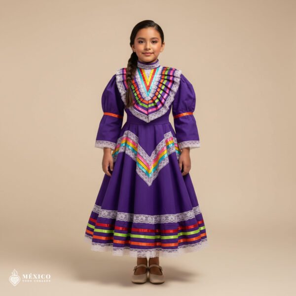Purple Traditional Jalisco One-Piece Dress for Girls & Teens (Size 8)