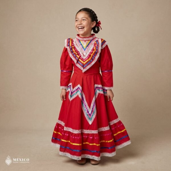 Red Traditional Jalisco One-Piece Dress – Mexican Folklore Wear (Size 10)