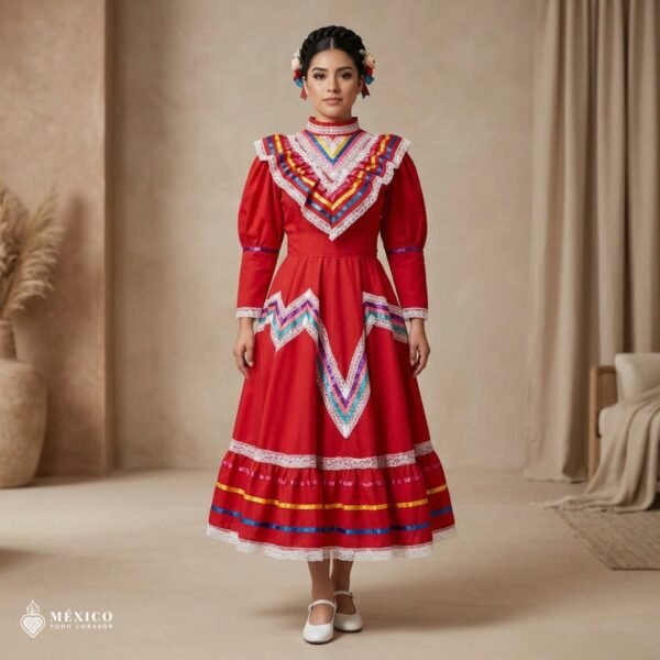Red Traditional Jalisco One-Piece Dress – Mexican Folklore Wear (Size 12)