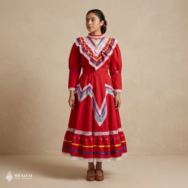 Red Traditional Jalisco One-Piece Dress – Mexican Folklore Wear (Size 12)