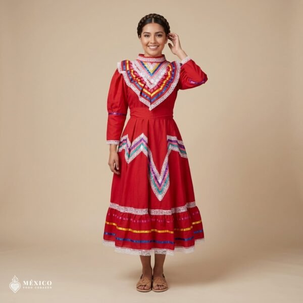 Red Traditional Jalisco One-Piece Dress – Mexican Folklore Wear (Size 12)