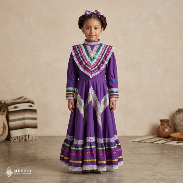 Purple Traditional Jalisco One-Piece Dress for Girls & Teens (Size 8)