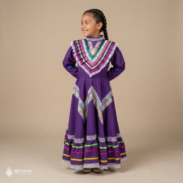 Purple Traditional Jalisco One-Piece Dress for Girls & Teens (Size 8)
