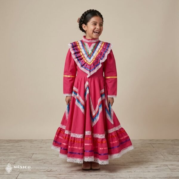 Pink Traditional Jalisco One-Piece Dress for Girls & Teens (Size 8)