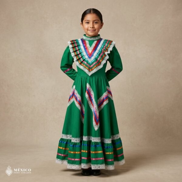 GreenTraditional Jalisco One-Piece Dress for Girls & Teens (Size 8)