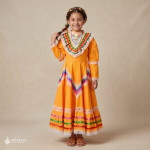 Yellow Traditional Jalisco One-Piece Dress for Girls & Teens (Size 8)