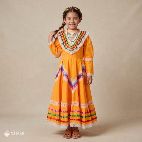 Yellow Traditional Jalisco One-Piece Dress for Girls & Teens (Size 8)