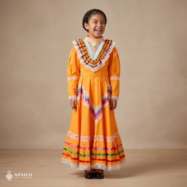 Yellow Traditional Jalisco One-Piece Dress for Girls & Teens (Size 8)