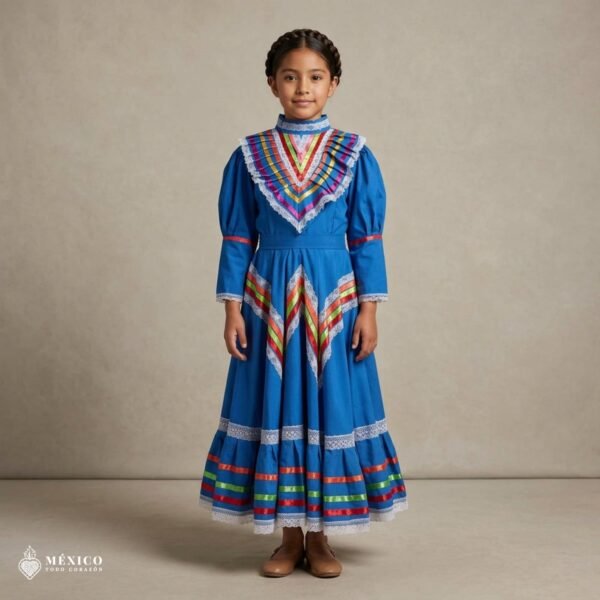 Light Blue Traditional Jalisco One-Piece Dress for Girls & Teens (Size 8)