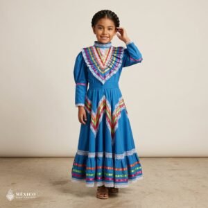 Light Blue Traditional Jalisco One-Piece Dress for Girls & Teens (Size 8)