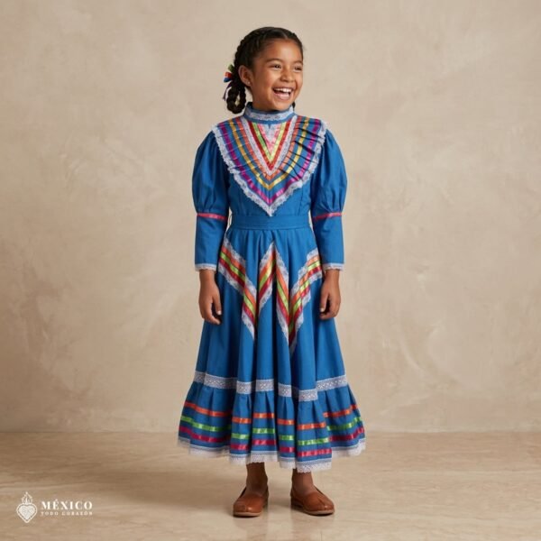 Light Blue Traditional Jalisco One-Piece Dress for Girls & Teens (Size 8)