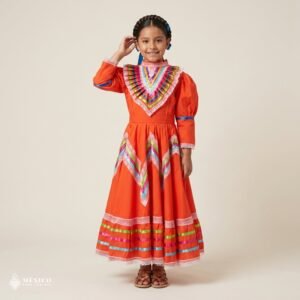 Orange Traditional Jalisco One-Piece Dress for Girls & Teens (Size 8)