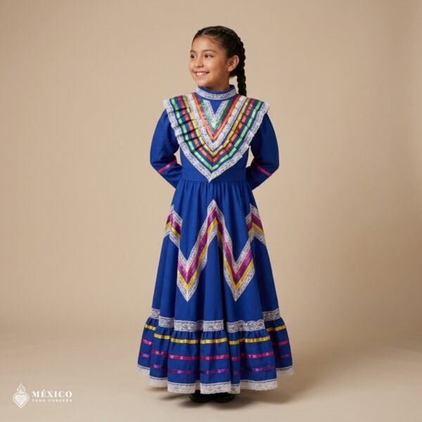 Blue Traditional Jalisco One-Piece Dress for Girls & Teens (Size 8)