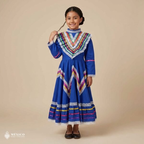 Blue Traditional Jalisco One-Piece Dress for Girls & Teens (Size 8)