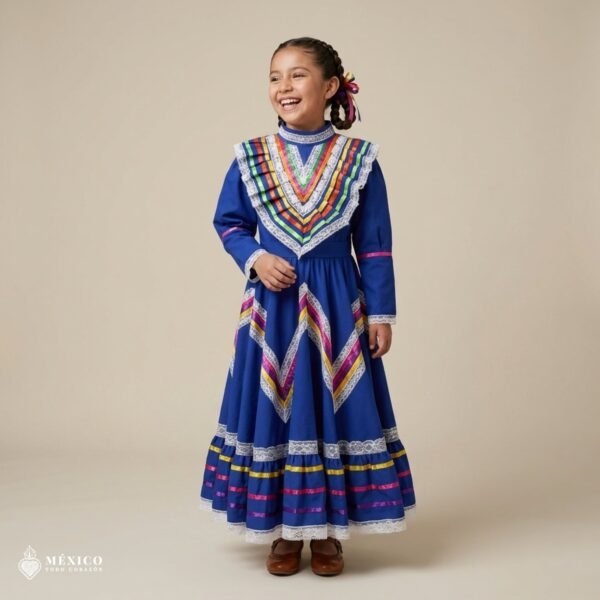 Blue Traditional Jalisco One-Piece Dress for Girls & Teens (Size 8)