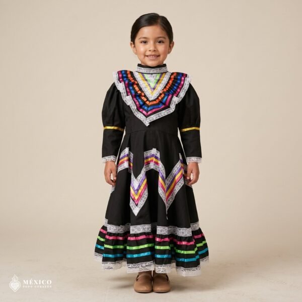 Black Traditional Jalisco One-Piece Dress for Girls & Teens (Size 4)