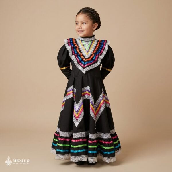Black Traditional Jalisco One-Piece Dress for Girls & Teens (Size 4)