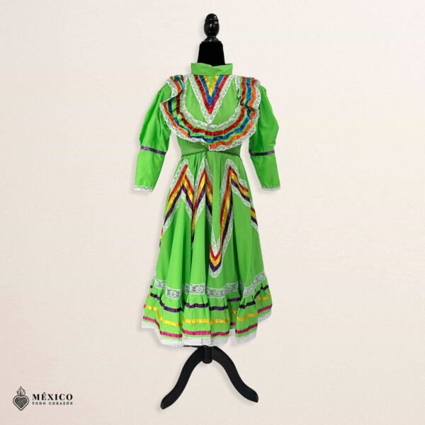 Light Green Orange Traditional Jalisco One-Piece Dress – Mexican Folklore Wear (Size 10)