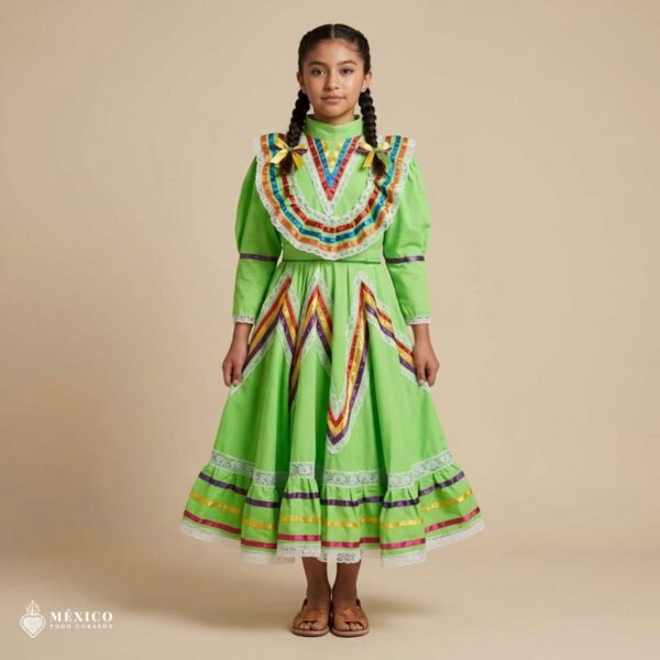 Light Green Orange Traditional Jalisco One-Piece Dress – Mexican Folklore Wear (Size 10)