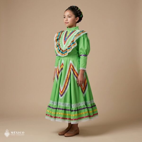 Light Green Orange Traditional Jalisco One-Piece Dress – Mexican Folklore Wear (Size 10)