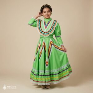 Light Green Orange Traditional Jalisco One-Piece Dress – Mexican Folklore Wear (Size 10)