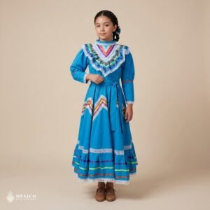 Light Blue Traditional Jalisco One-Piece Dress for Girls & Teens (Size 10)