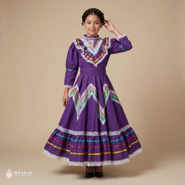 Purple Traditional Jalisco One-Piece Dress for Girls & Teens (Size 10)