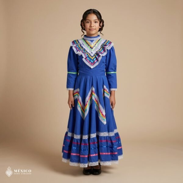 Blue Traditional Jalisco One-Piece Dress for Girls & Teens (Size 10)