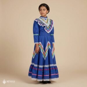 Blue Traditional Jalisco One-Piece Dress for Girls & Teens (Size 10)