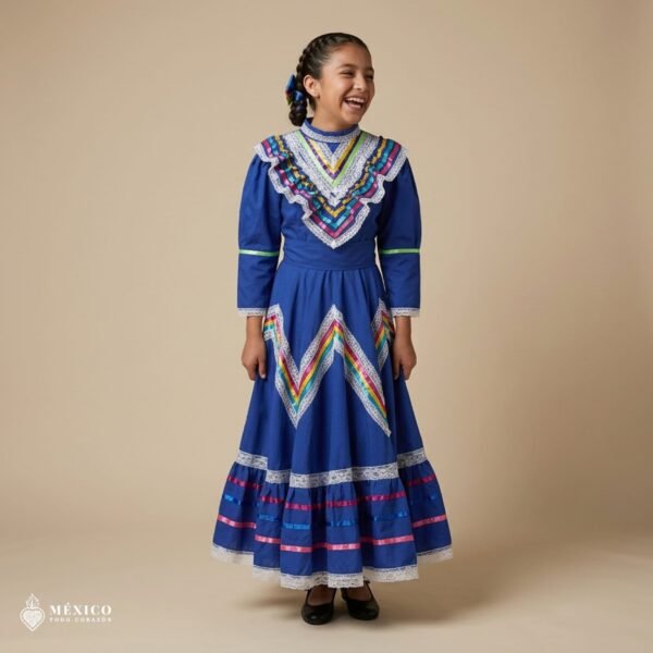 Blue Traditional Jalisco One-Piece Dress for Girls & Teens (Size 10)