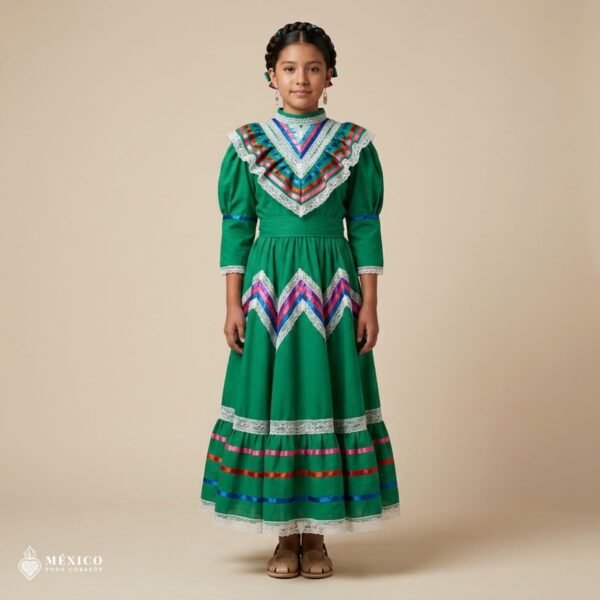 Green Traditional Jalisco One-Piece Dress for Girls & Teens (Size 10)