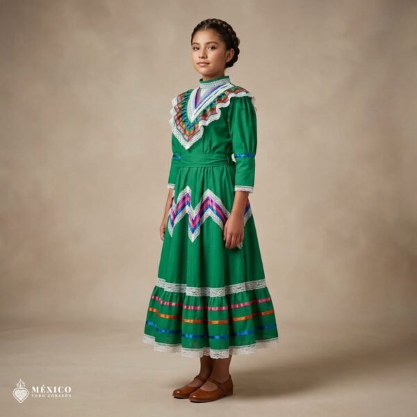 Green Traditional Jalisco One-Piece Dress for Girls & Teens (Size 10)