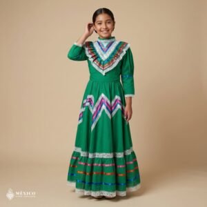 Green Traditional Jalisco One-Piece Dress for Girls & Teens (Size 10)