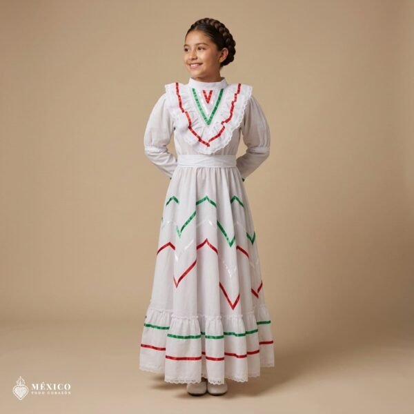White Traditional Jalisco One-Piece Dress for Girls & Teens (Size 10)