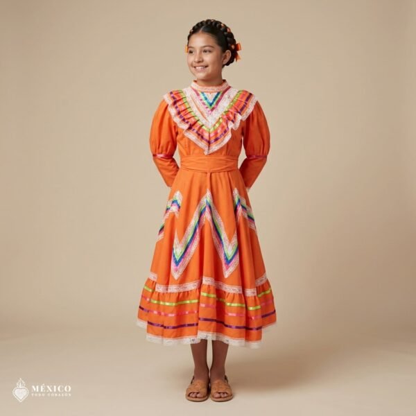 Orange Traditional Jalisco One-Piece Dress for Girls & Teens (Size 10)