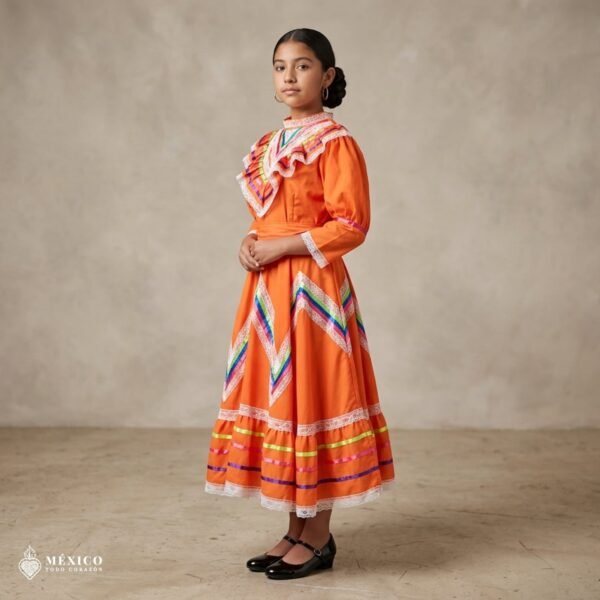 Orange Traditional Jalisco One-Piece Dress for Girls & Teens (Size 10)
