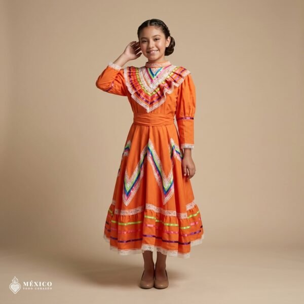 Orange Traditional Jalisco One-Piece Dress for Girls & Teens (Size 10)