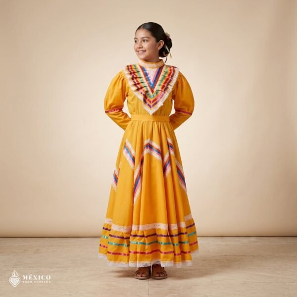 Yellow Traditional Jalisco One-Piece Dress for Girls & Teens (Size 10)