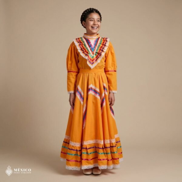Yellow Traditional Jalisco One-Piece Dress for Girls & Teens (Size 10)