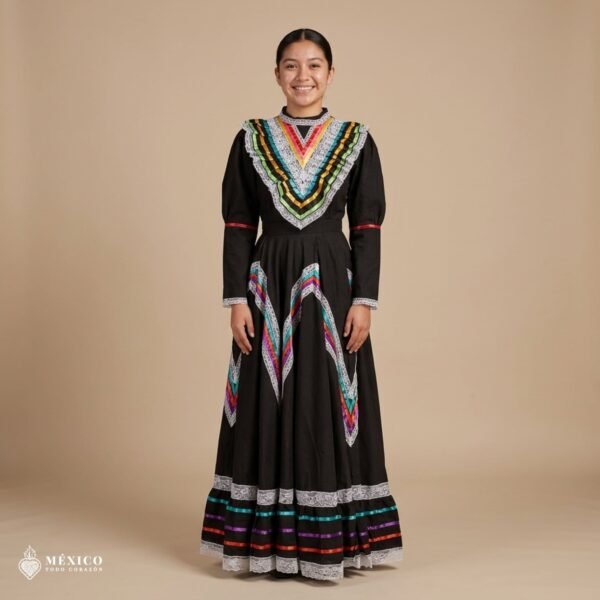 Black Traditional Jalisco One-Piece Dress for Girls & Teens (Size 14)