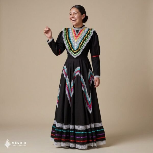 Black Traditional Jalisco One-Piece Dress for Girls & Teens (Size 14)
