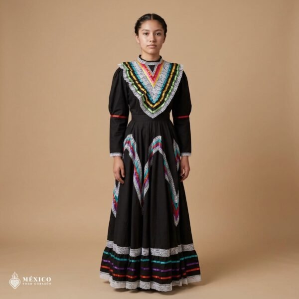 Black Traditional Jalisco One-Piece Dress for Girls & Teens (Size 14)