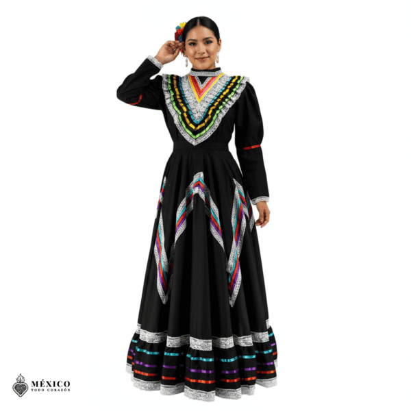 Black Traditional Jalisco One-Piece Dress for Girls & Teens (Size 14)