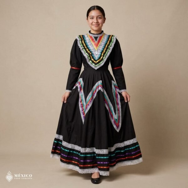Black Traditional Jalisco One-Piece Dress for Girls & Teens (Size 14)