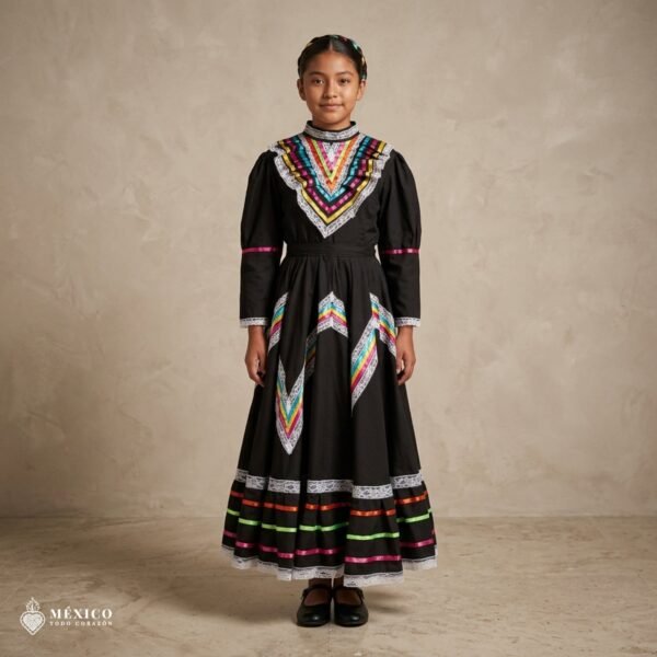 Black Traditional Jalisco One-Piece Dress for Girls & Teens (Size 12)