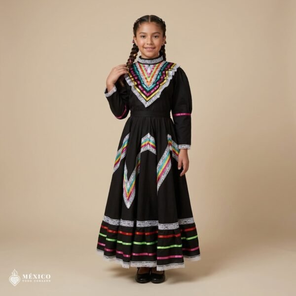 Black Traditional Jalisco One-Piece Dress for Girls & Teens (Size 12)